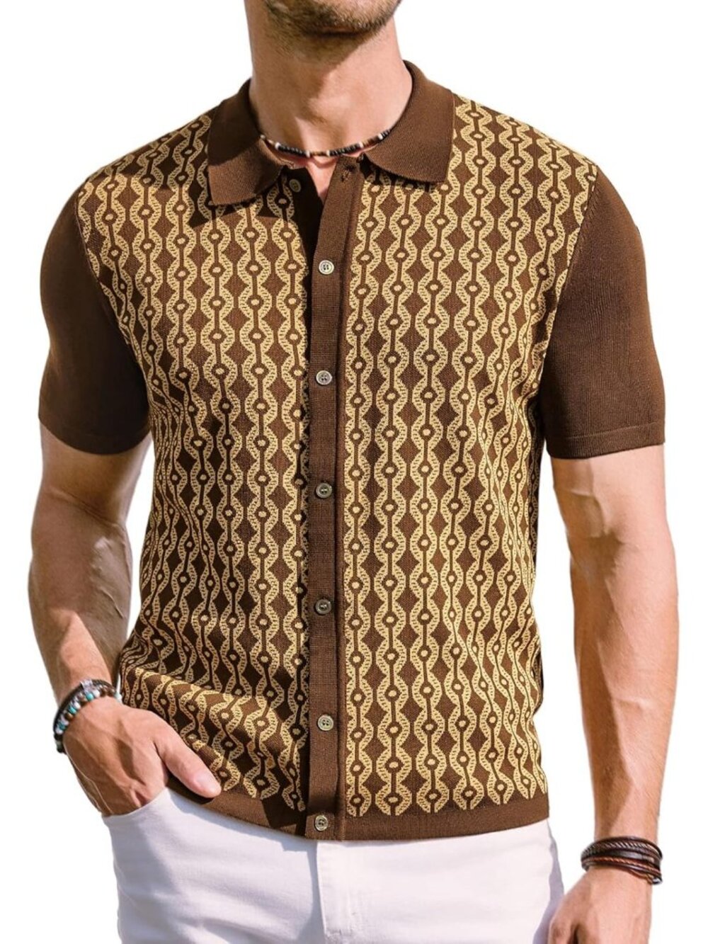 Men's Brown 70s Vintage Contrast Polo Short Sleeve Retro Knitwear Shirt